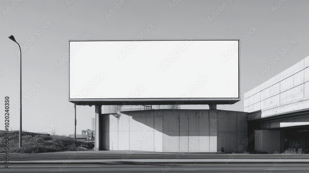 Fototapeta premium Outdoor billboard with a clean white screen, featuring minimalist architecture and ample copy space.