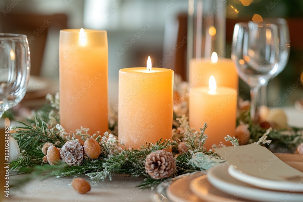 Candles and pine decor on festive table, warm ambiance Candles and pine decor on festive table, warm ambiance