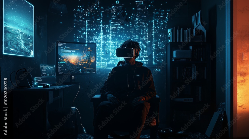Gamer in Dark Room with VR Headset Gamer in Dark Room with VR Headset