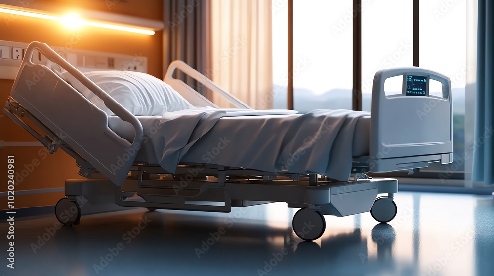 Hospital bed in a modern room with natural light and clean linens. Hospital bed in a modern room with natural light and clean linens.