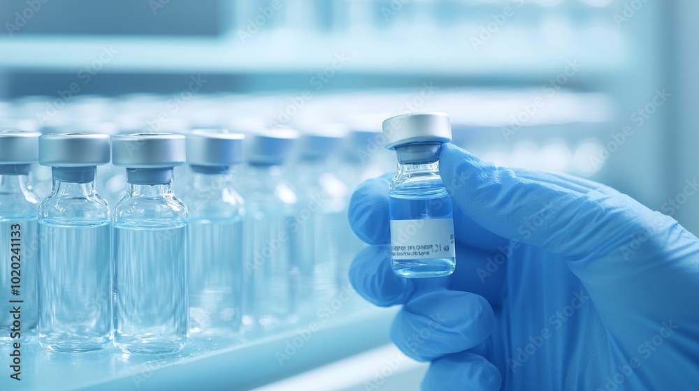 2410_143.a healthcare worker in blue gloves holding a vaccine vial between two fingers, soft focus on the row of similar vials in the background, cool blue tones throughout, sterile and professional 2410_143.a healthcare worker in blue gloves holding a vaccine vial between two fingers, soft focus on the row of similar vials in the background, cool blue tones throughout, sterile and professional