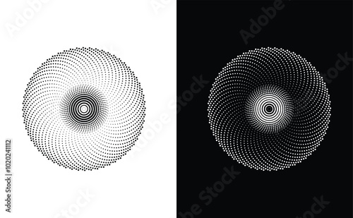 Black and white spiral, halftone, dotted, vector.