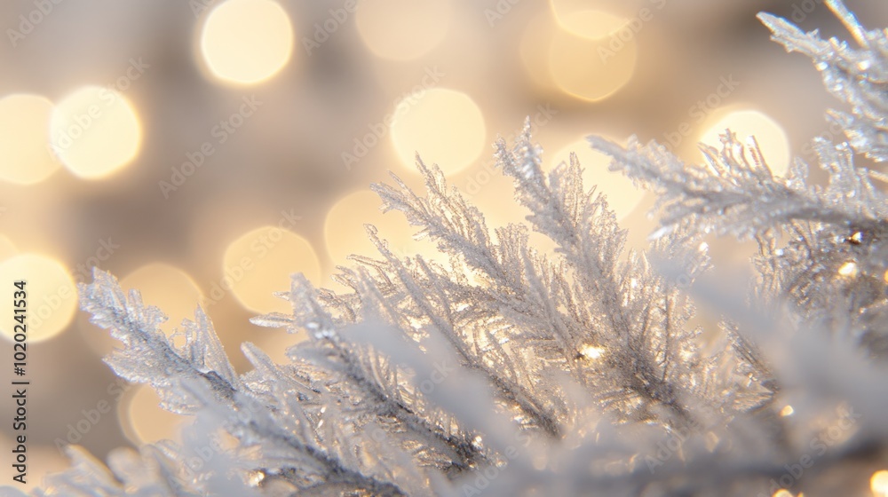 Frosted pine needle, holiday lights softly blurred in the background Frosted pine needle, holiday lights softly blurred in the background