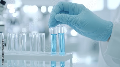 2410_150.close-up shot of a professional lab scientist wearing gloves, handling test tubes filled with blue chemical liquid, advanced biotechnology research lab, clear and smooth glass, out-of-focus