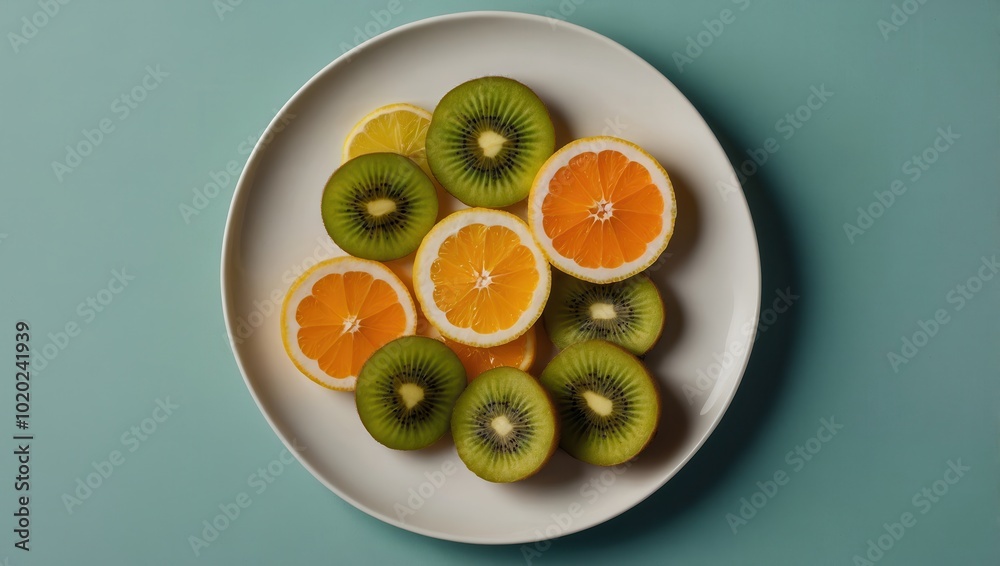 Still life of kiwi and orange slices arranged on a white ceramic plate Still life of kiwi and orange slices arranged on a white ceramic plate