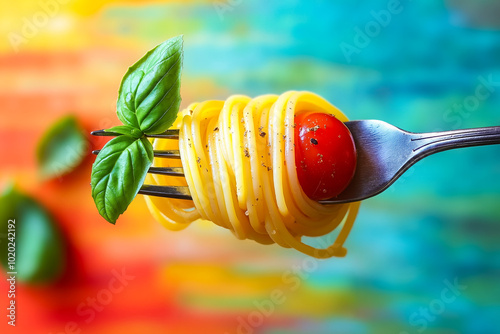 A fork with a piece of pasta and a cherry tomato on it