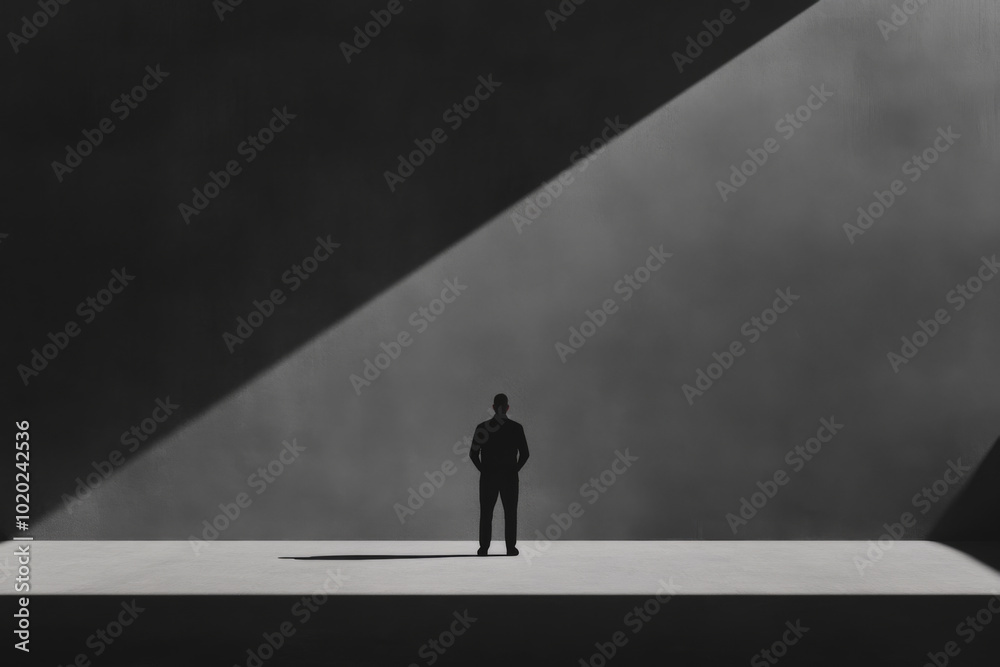 Obraz premium A solitary figure standing in the dramatic interplay of light and shadow in a minimalist space