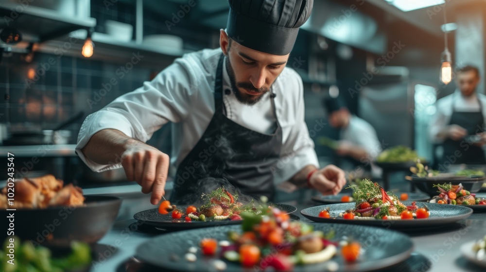 A focused chef meticulously garnishing a beautifully plated dish in a modern kitchen, showcasing culinary artistry and professionalism in food preparation. A focused chef meticulously garnishing a beautifully plated dish in a modern kitchen, showcasing culinary artistry and professionalism in food preparation.