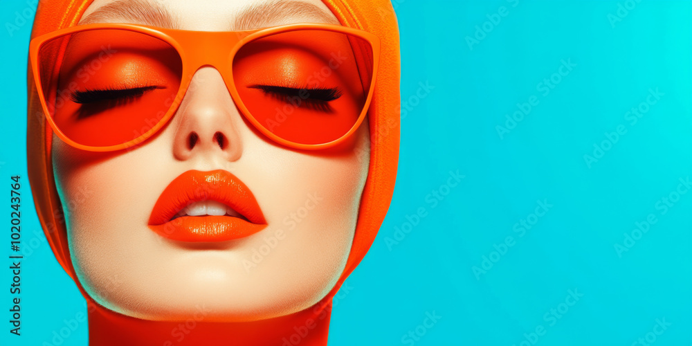 A model showcases vibrant orange fashion against a bright turquoise background in a stylish pose A model showcases vibrant orange fashion against a bright turquoise background in a stylish pose