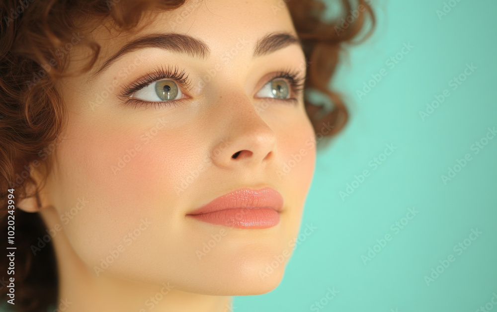 Naklejka premium Young woman with curly hair looking upward against a light turquoise background on a sunny day