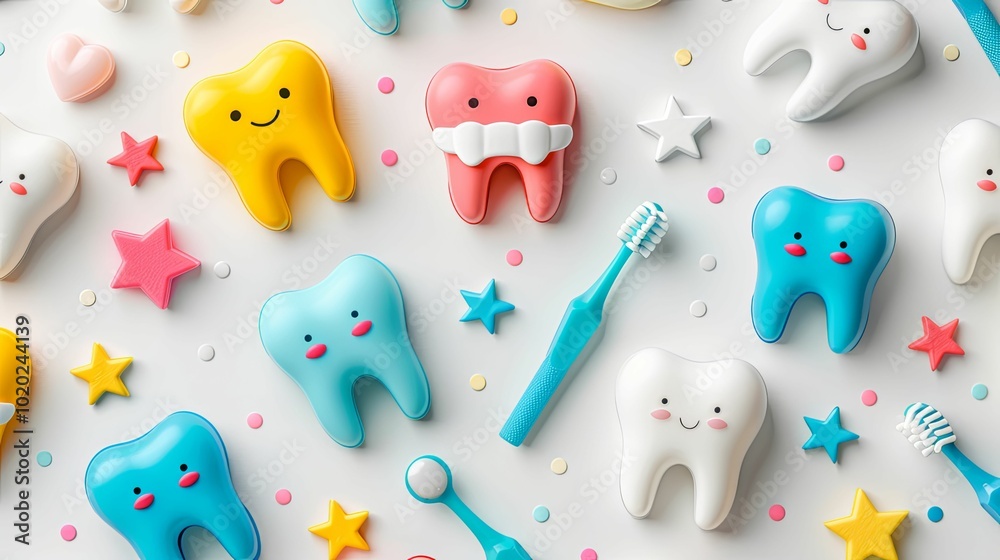 Colorful Cartoon Teeth and Dental Supplies with Stars