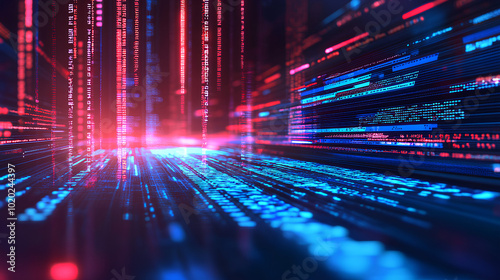 A close-up, abstract view of digital code lines in a futuristic setting, illuminated by bright red and blue lighting.