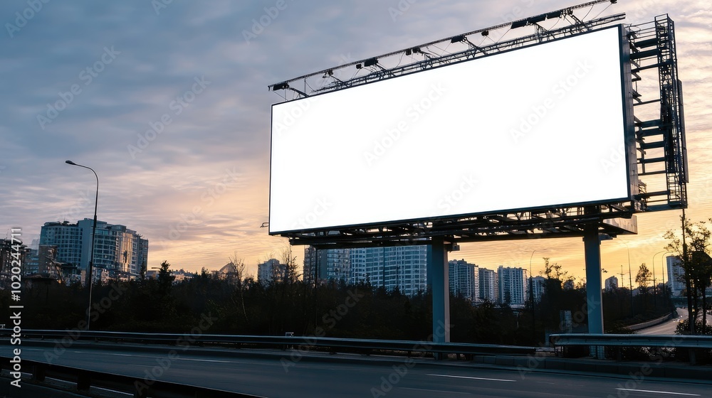 Sleek, modern billboard with a white screen, placed on a highway with ample copy space for promotional material. Sleek, modern billboard with a white screen, placed on a highway with ample copy space for promotional material.