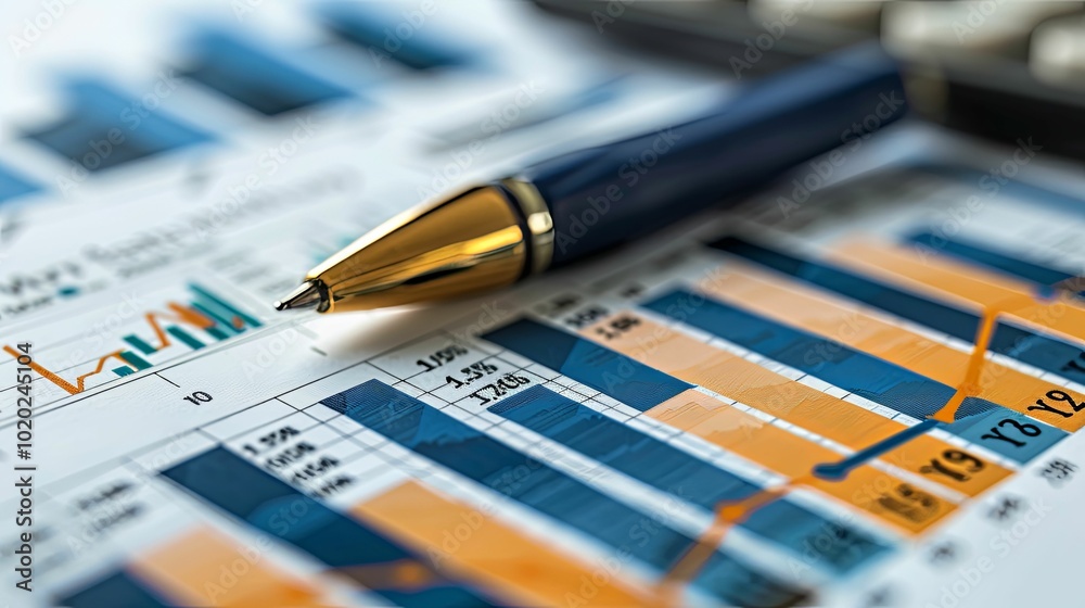 A Pen Resting on a Business Chart with Blue and Orange Bars A Pen Resting on a Business Chart with Blue and Orange Bars