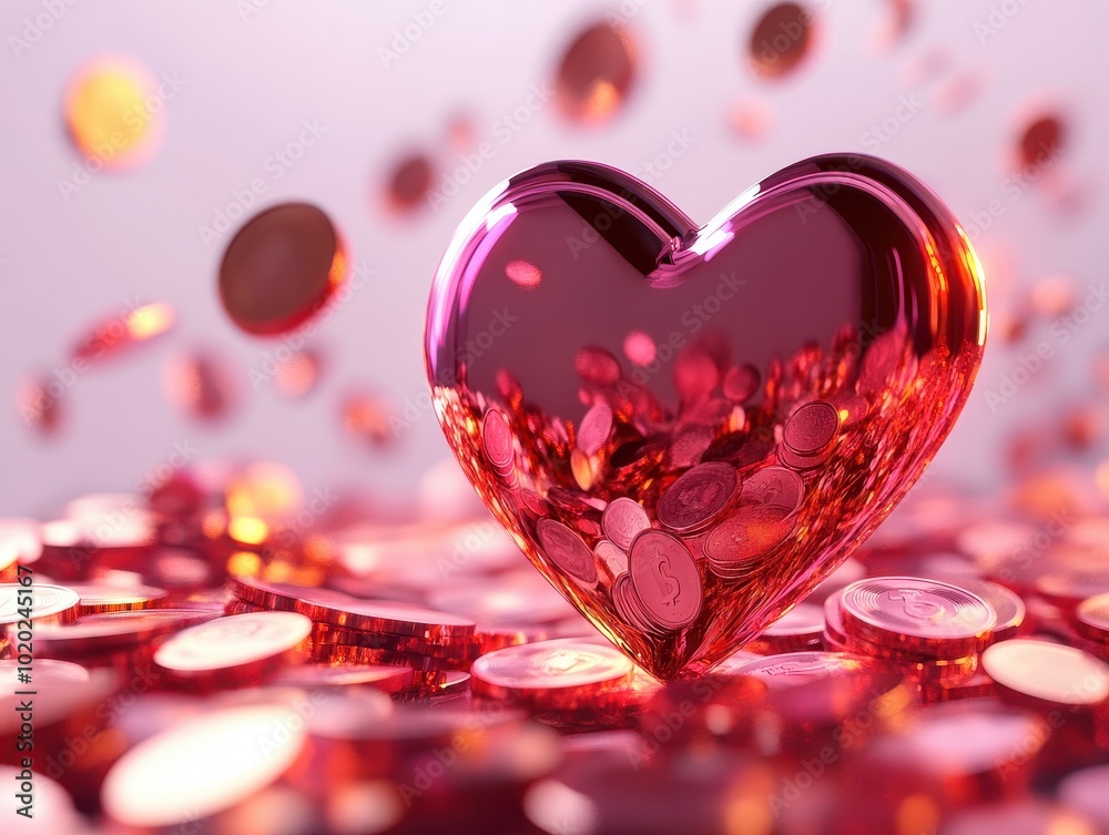 A shiny red heart surrounded by scattered coins, symbolizing love and abundance. A shiny red heart surrounded by scattered coins, symbolizing love and abundance.