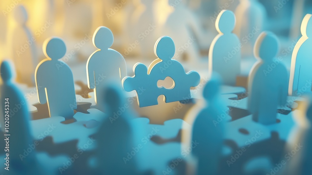 Team of paper businessmen in a 3D illustration assembling a jigsaw puzzle, highlighting teamwork and corporate collaboration. Team of paper businessmen in a 3D illustration assembling a jigsaw puzzle, highlighting teamwork and corporate collaboration.