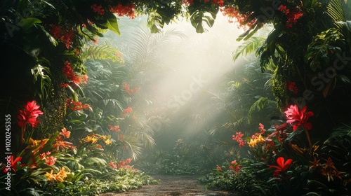 Sunlit Path Through a Lush Tropical Forest