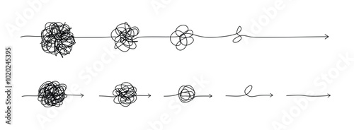 Psychotherapy hand drawn concept line. Unraveling chaos tannle line. Messy flat path. Solving a psychological problem