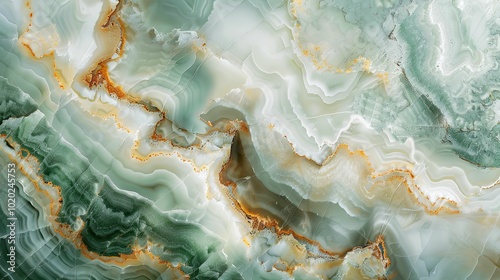 Close-up of Abstract Green and White Onyx Stone with Golden Veins