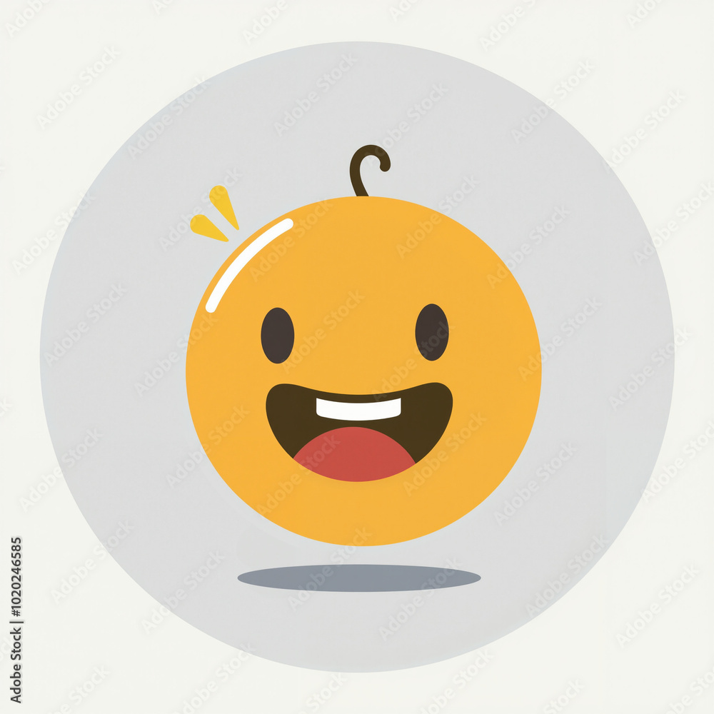 Fototapeta premium A simple, flat-style cartoon emoji depicting a yellow face with wide eyes, a big smile, and a small stem on top, conveying happiness and excitement, placed on a gray circle background.