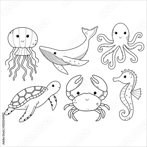 Set with sea animals. Underwater world. Hand drawn vector illustration