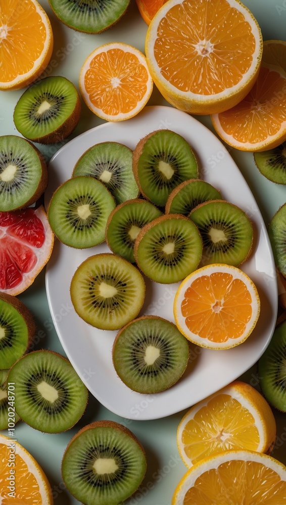 Assortment of oranges and kiwi arranged on a plate for a fresh and colorful display Assortment of oranges and kiwi arranged on a plate for a fresh and colorful display