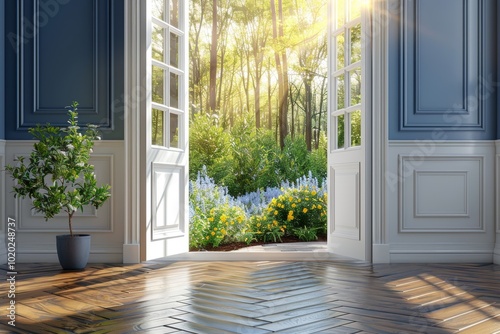 Illuminated open doorway in a blue hued empty interior creating a sense of mystery and calm