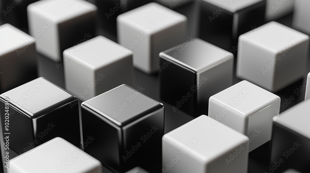Abstract arrangement of black and white cubes forming a geometric pattern on a smooth surface Abstract arrangement of black and white cubes forming a geometric pattern on a smooth surface