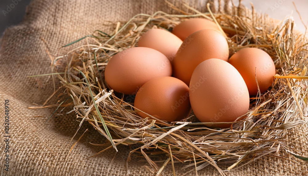 Organic Eggs in Nest with Straw on Burlap Background Organic Eggs in Nest with Straw on Burlap Background