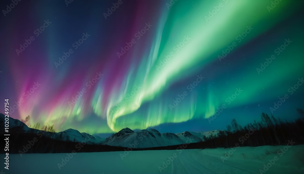 Breathtaking northern lights illuminating the night sky over snowy mountains in a winter landscape Breathtaking northern lights illuminating the night sky over snowy mountains in a winter landscape