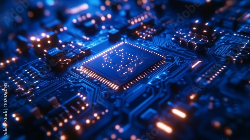 Close-up of a glowing microprocessor on a circuit board