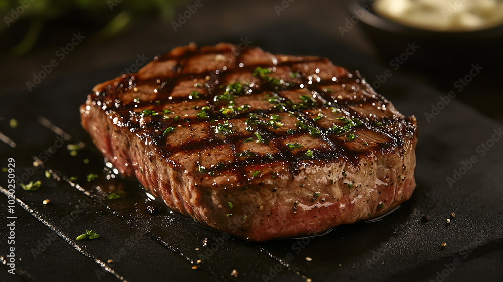A perfectly grilled steak served on a dark slate plate, garnished with herbs and accompanied by a small bowl of sauce, creating a delectable presentation for meat lovers. A perfectly grilled steak served on a dark slate plate, garnished with herbs and accompanied by a small bowl of sauce, creating a delectable presentation for meat lovers.