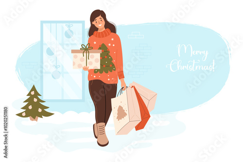 Merry Christmas. New year Shopping. Happy woman in festive Xmas sweater with packages and gift box on snowy street of store window with tree. Vector horizontal illustration. Holiday shopper character