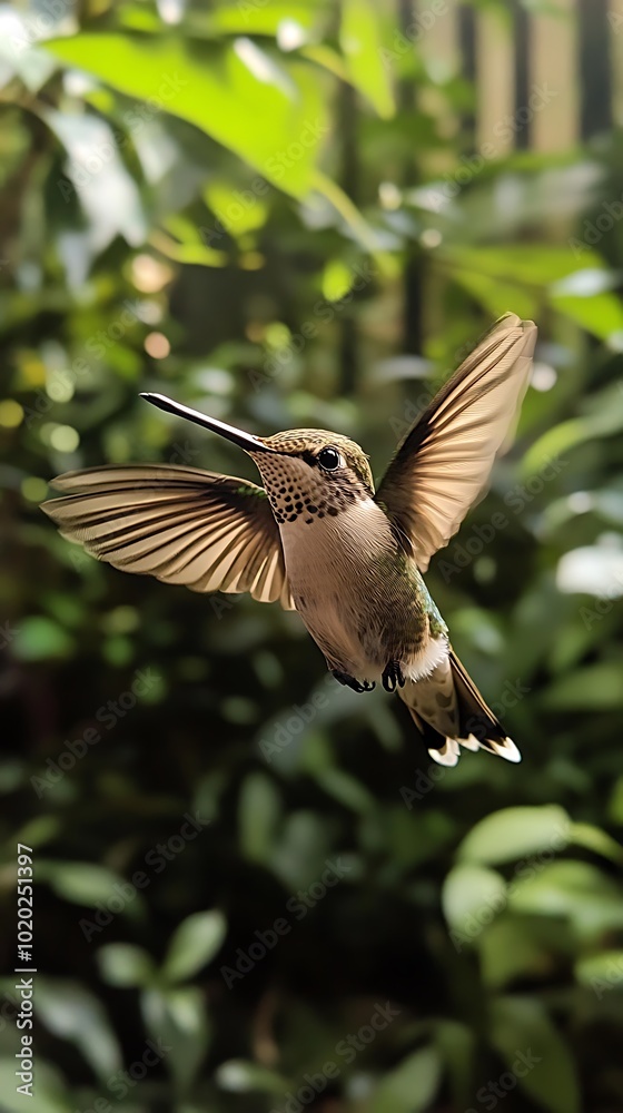 Fototapeta premium A hummingbird in flight amidst lush greenery.