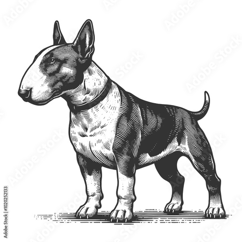 Bull Terrier dog in a standing position, breed muscular build and distinctive head shape sketch engraving generative ai vector illustration. Scratch board imitation. Black and white image.