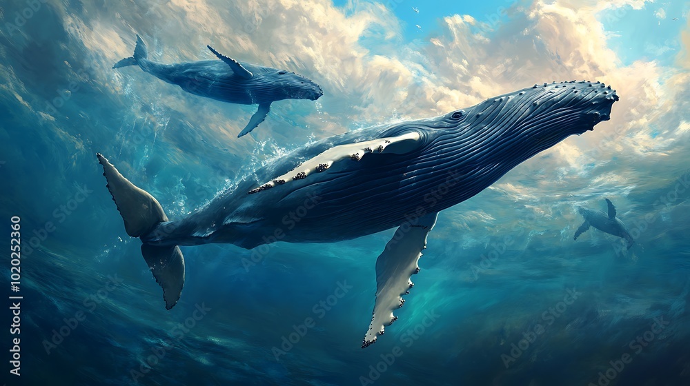 Obraz premium Two humpback whales swimming gracefully in a vibrant underwater scene.