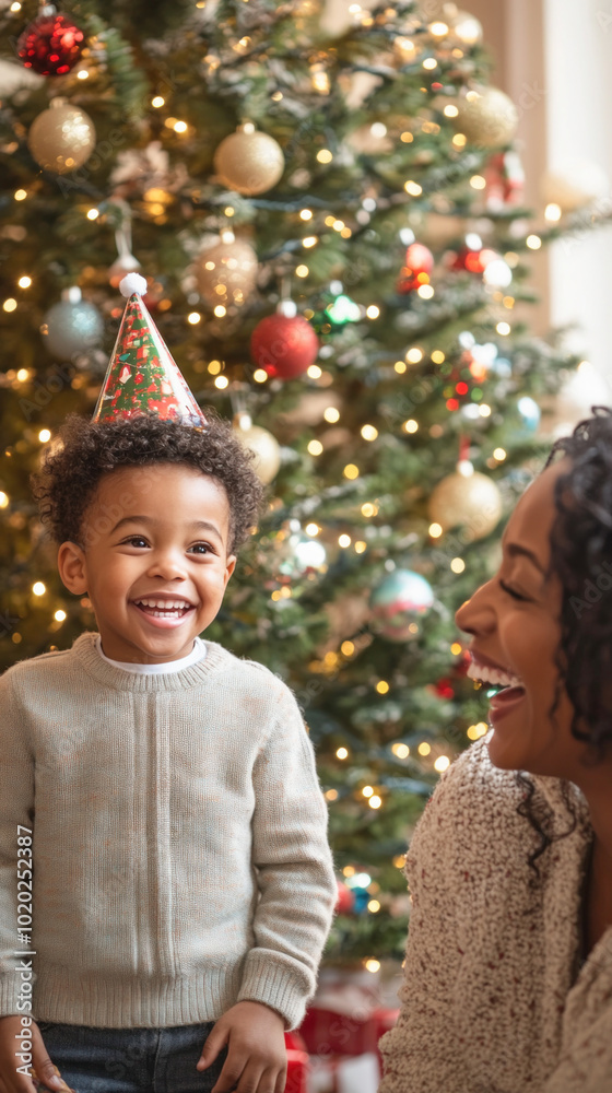 Little boy is smiling and wearing a party hat in front of the christmas tree while his mother laughs beside him Little boy is smiling and wearing a party hat in front of the christmas tree while his mother laughs beside him