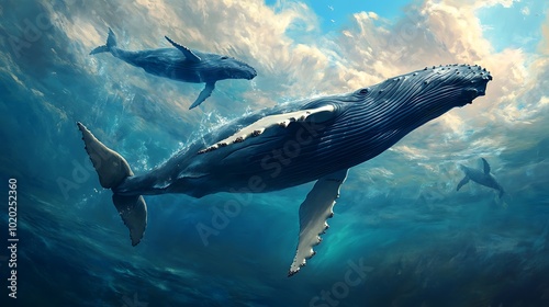 Two humpback whales swimming gracefully in a vibrant underwater scene.