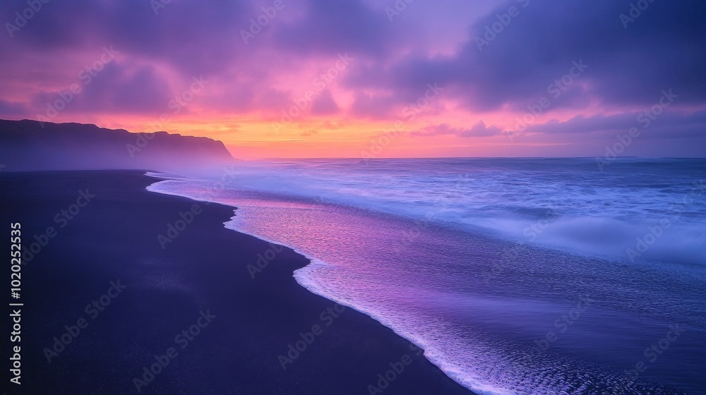 Fototapeta premium Black Sand Beach with Purple Sunset and Gentle Waves