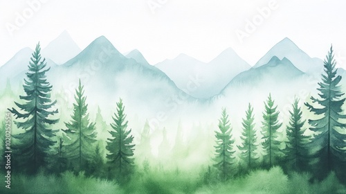 Watercolor painting of a forest with pine trees and mountains in the background