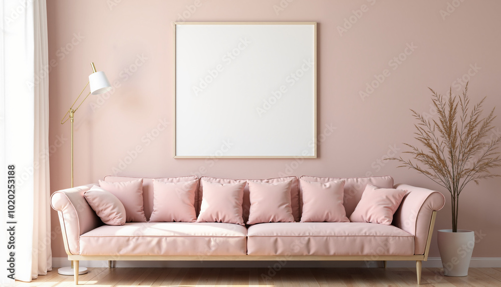 Living room with a pink sofa, a wooden frame, a floor lamp, and a houseplant. Mockup of a blank canvas for showcasing artwork or product designs. 3D rendering style illustration Living room with a pink sofa, a wooden frame, a floor lamp, and a houseplant. Mockup of a blank canvas for showcasing artwork or product designs. 3D rendering style illustration