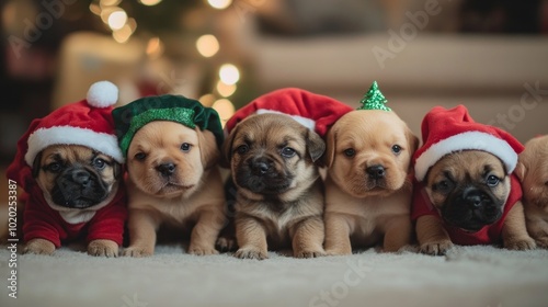 Adorable group of playful puppies dressed in festive christmas costumes, spreading holiday cheer and joy, perfect for seasonal greetings, christmas cards, and pet-themed celebrations
 photo