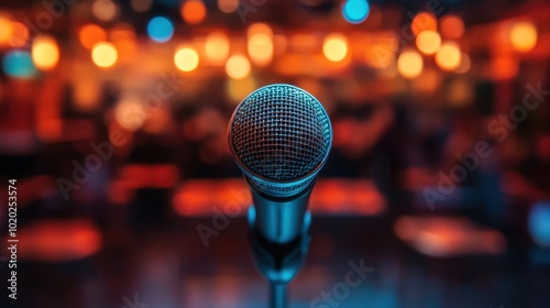 Microphone stand placed on a stage waiting for performance to begin evoking anticipation and excitement of open mic events