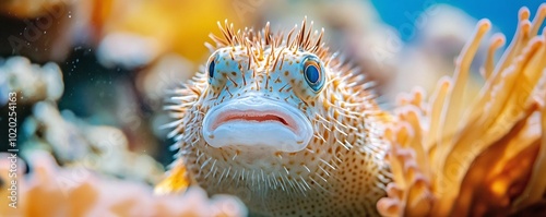 A close-up of a pufferfish with its spiky body