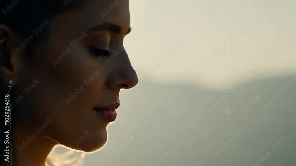 Serene profile of woman at sunset with peaceful expression and soft background Serene profile of woman at sunset with peaceful expression and soft background