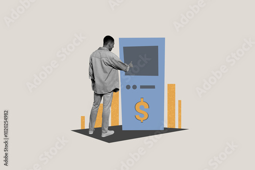 Composite trend artwork 3D sketch image photo collage of workspace interface technology money bank machine young man stand touch finger