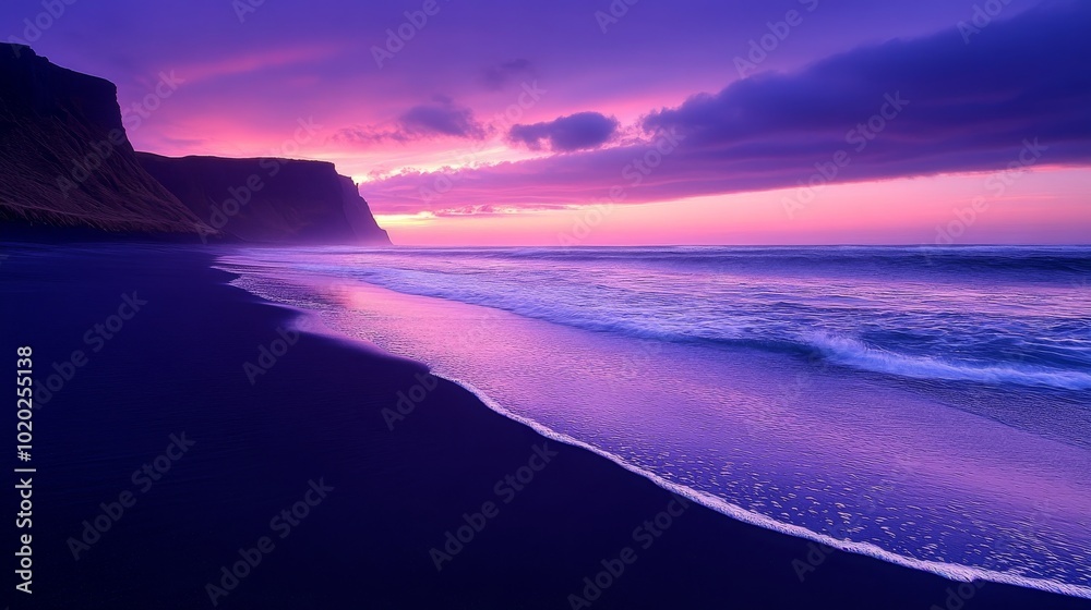 Fototapeta premium Black Sand Beach at Sunset with Purple Sky and Ocean Waves