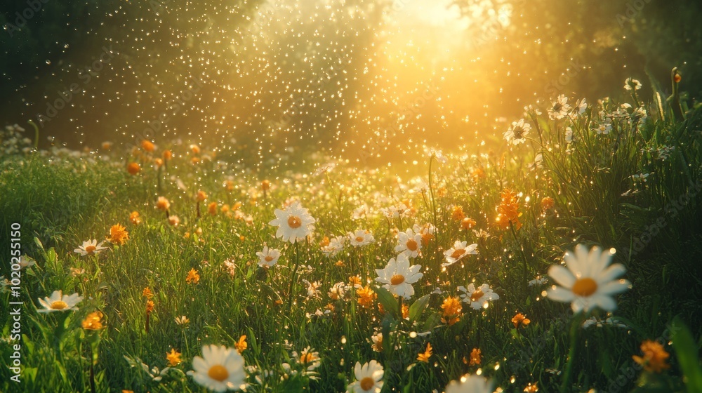 A Field of Daisies Bathed in Golden Sunlight with Raindrops Falling