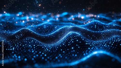 Abstract Blue Glowing Particle Waves on a Black Background