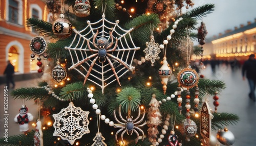  a festive Christmas tree in Ukraine decorated with spider and web ornaments, capturing the unique Ukrainian tradition. photo